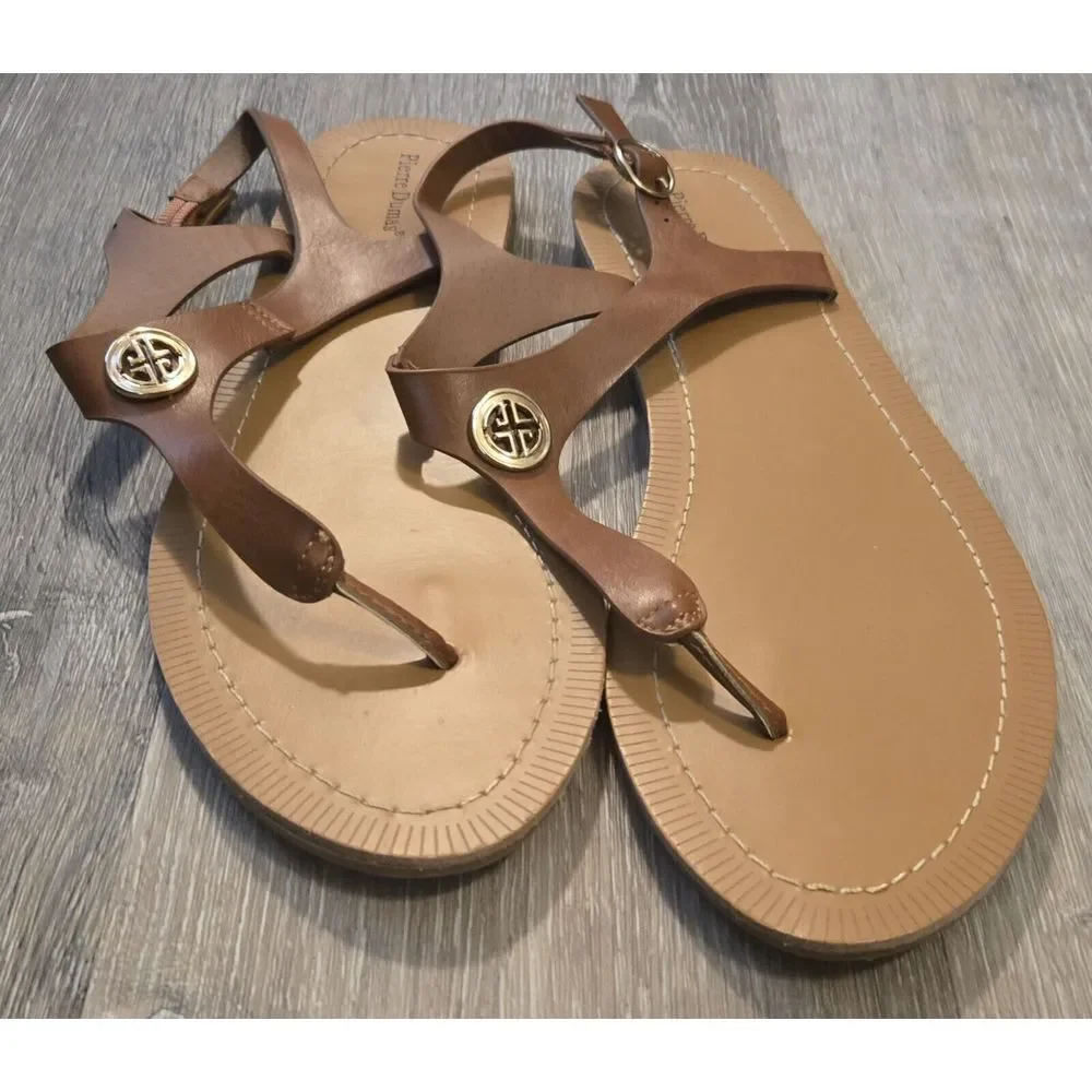 Pierre Dumas‎ Sandals Thong Brown Ankle Strap Gold Medallion Accents 9M